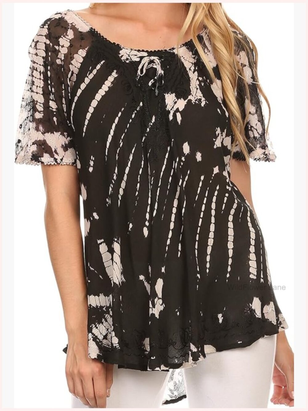 Corset Neck Lace Cap Sleeve Tie Dye Blouse Summer Top